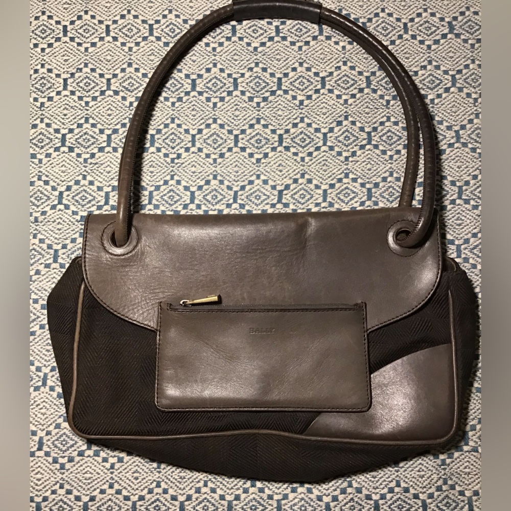 Bally shoulder bag brown leather w brown & black wool signature logo Italian